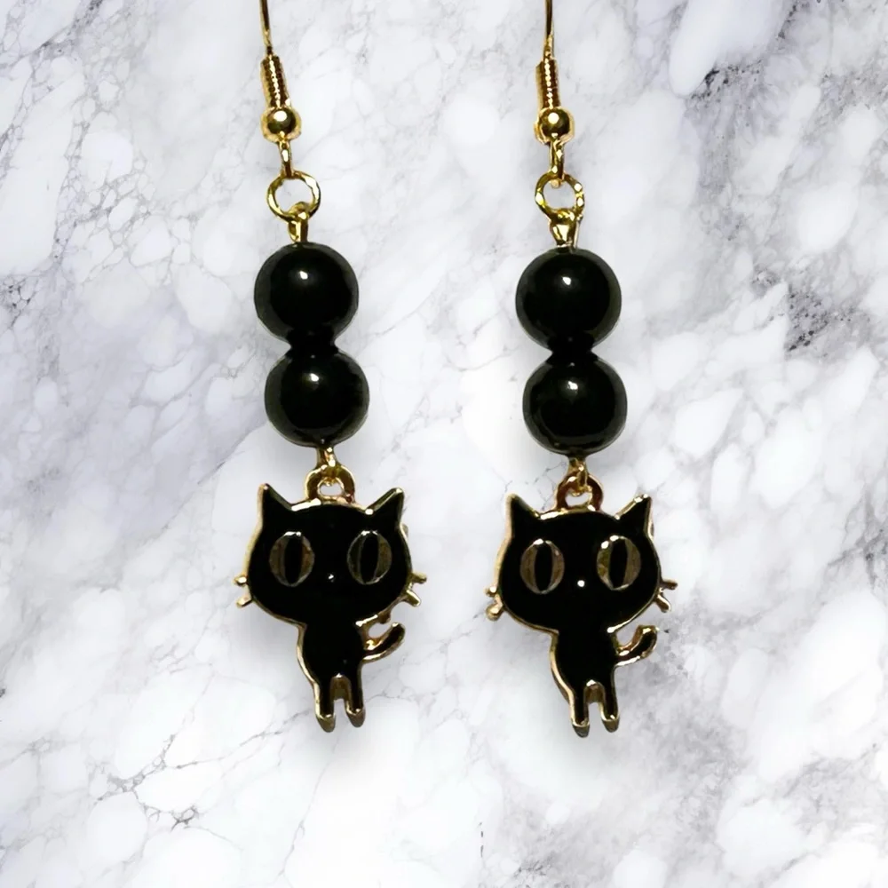 Hand Crafted Earring Cats Obsidian Kitty Black Dangle Pierced - Picture 6 of 8